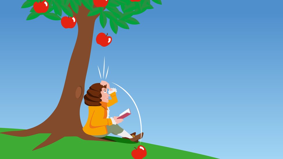 Dibujo del momento en el que una manzana cae sobre la cabeza de Isaac Newton