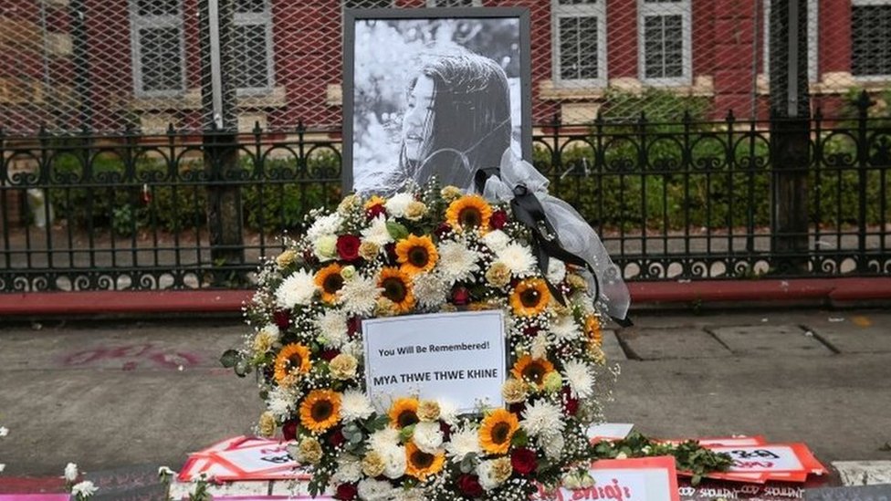 A memorial for Mya Thwate Thwate Khaing, a teenager who was shot in the head when police cracked down on a protest against the military coup in Naypyitaw is seen in Yangon, Myanmar,