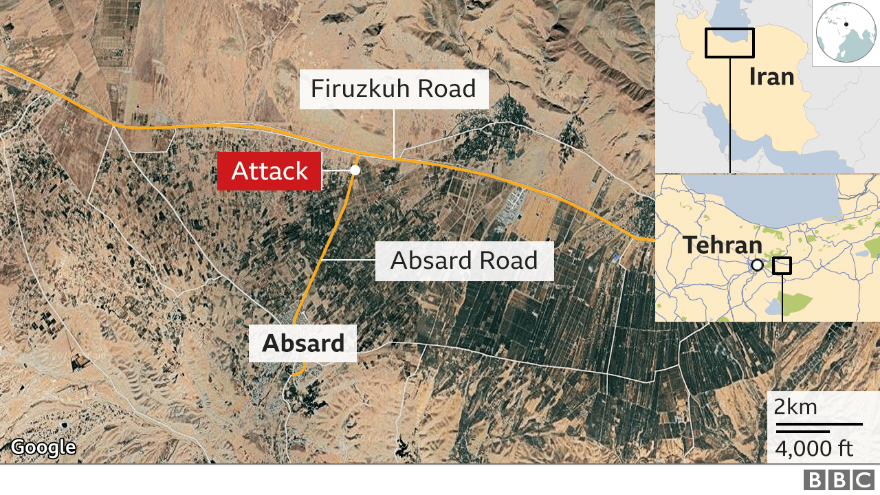 Map showing Absard and location of killing of Mohsen Fakhrizadeh