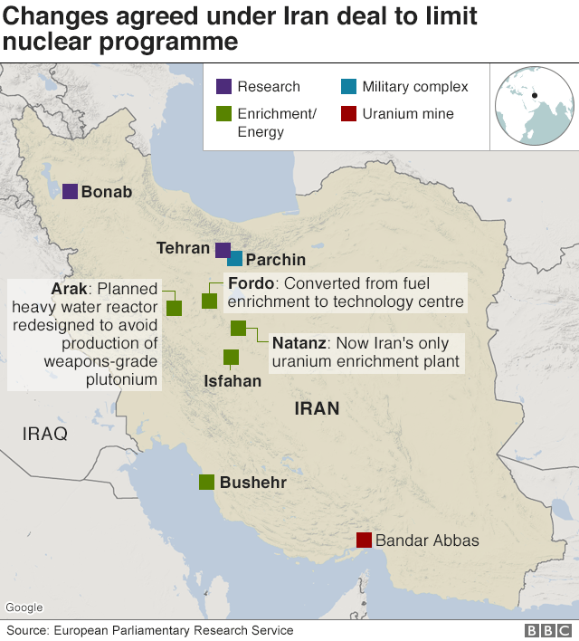 Карта, показывающая сайты, связанные с ядерной программой Ирана