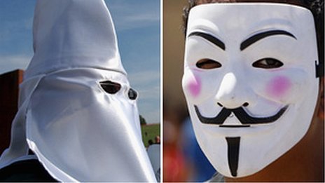 Составное изображение члена KKK и человека в маске, представляющего группу анонимных хакеров