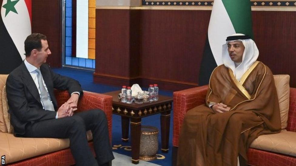 الرئيس السوري بشار الأسد التقي بنائب رئيس الوزراء الإماراتي الشيخ منصور بن زايد آل نهيان مالك نادي مانشستر سيتي لكرة القدم