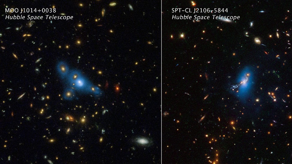 Os aglomerados de galáxias MOO J1014+0038 (esq.) e SPT-CL J2106-5844 (dir.). A cor azul foi aplicada artificialmente com base em dados do telescópio espacial Hubble e mostra a luz das estrelas errantes