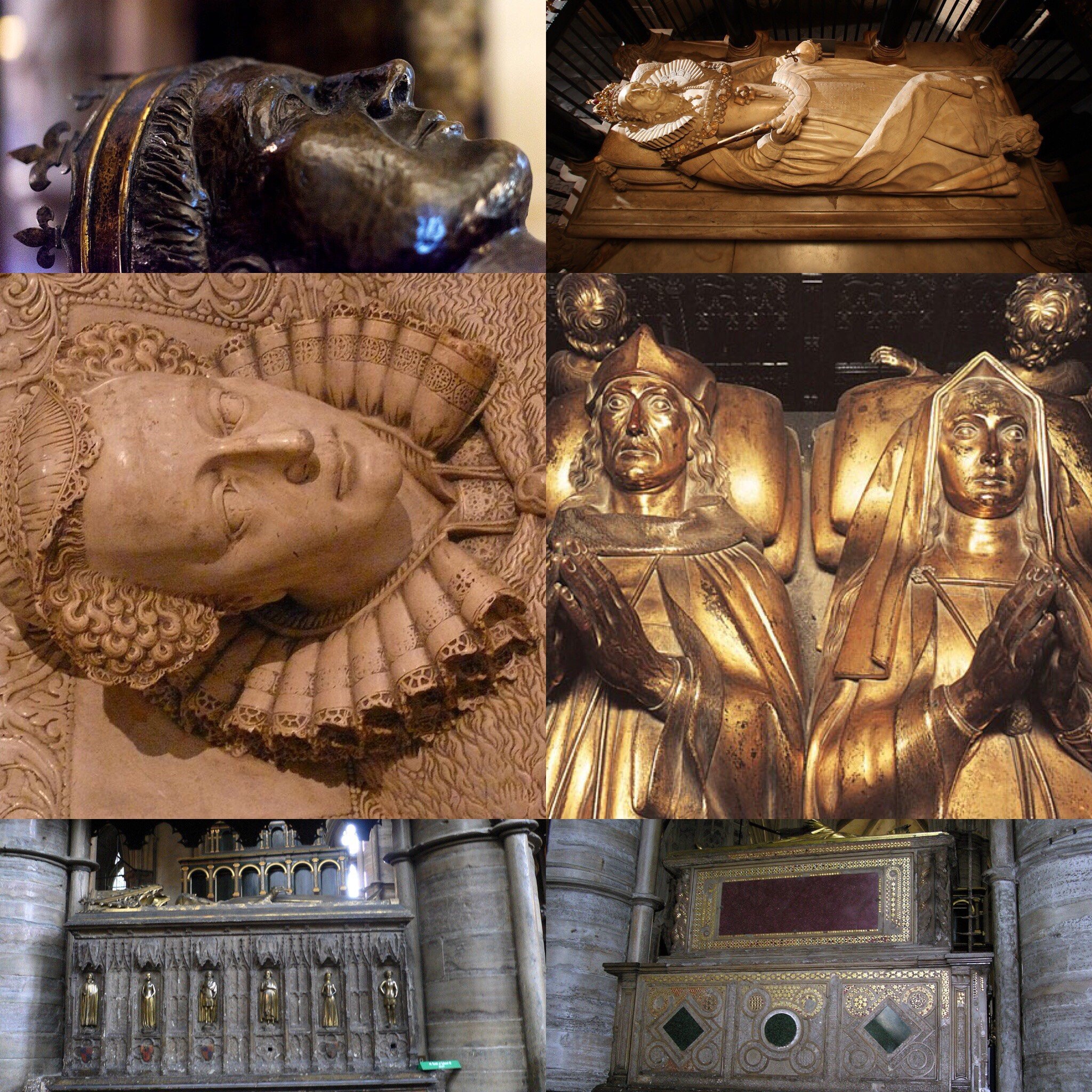 Надгробки у Вестмінстерському абатстві: Генріх V та Єлизавета I, Марія Стюарт, Генріх VII та Єлизавета Йоркська, Едуард III та Генріх III