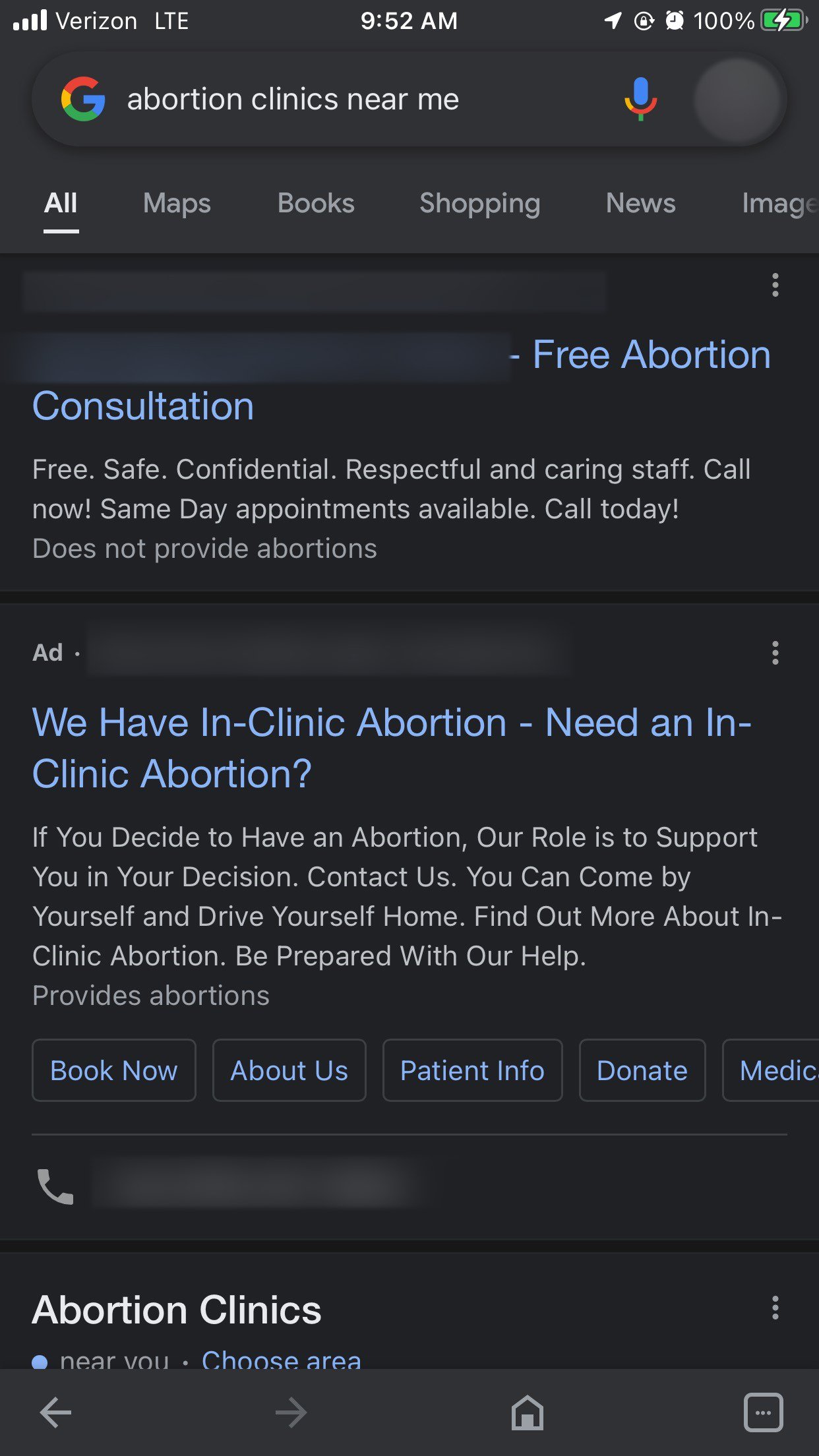 Resultados de búsqueda de Google para el término 'clínicas de aborto cerca de mí'. En letras pequeñas en la parte inferior, puede ver las palabras 'No brinda abortos' para una clínica.