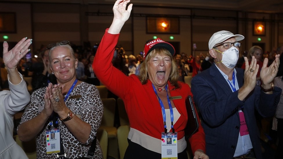 Supporters hear Donald Trump speak at the Conservative Political Action Conference in Orlando, February 28, 2021