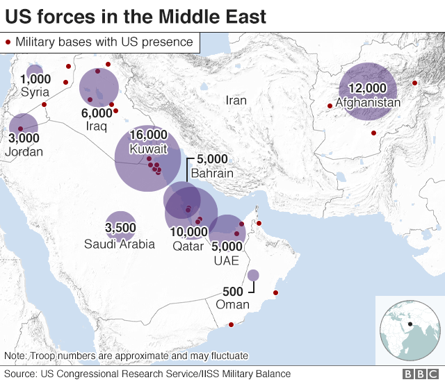 Карта, показывающая силы США на Ближнем Востоке