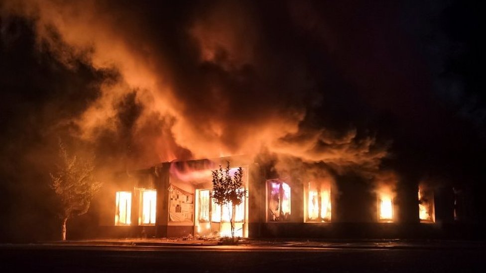 A building is on fire after shelling in Stepanakert, disputed Nagorno-Karabakh region. Photo: 3 September 2020