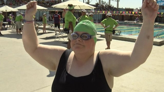 Sarah Jane Johnston celebrates winning bronze at the 2015 Special Olympics in Los Angeles