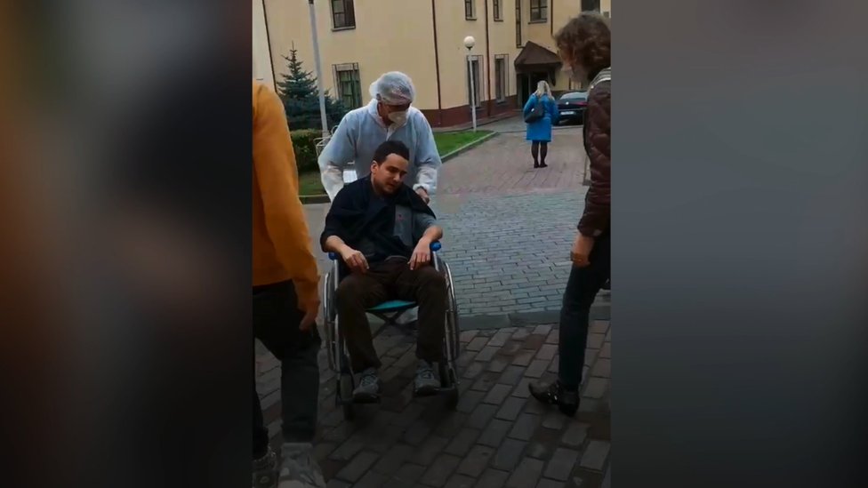Khoroshyn leaves a hospital in Lithuania on a wheelchair