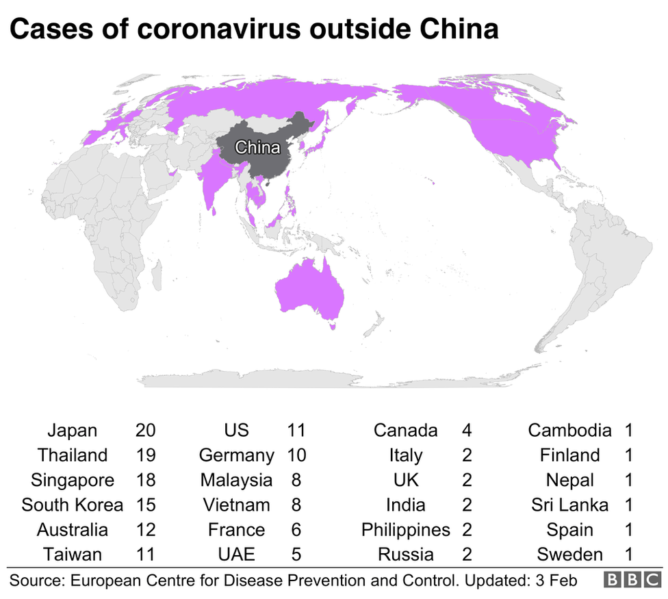 Карта, показывающая случаи заражения вирусом за пределами Китая