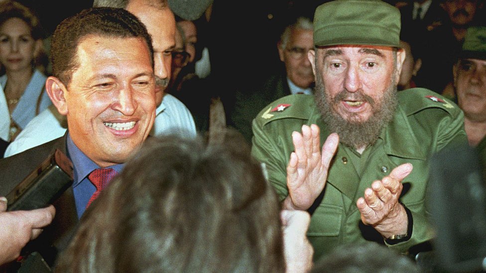 Former Venezuelan president Hugo Chavez and ex-Cuban leader Fidel Castro