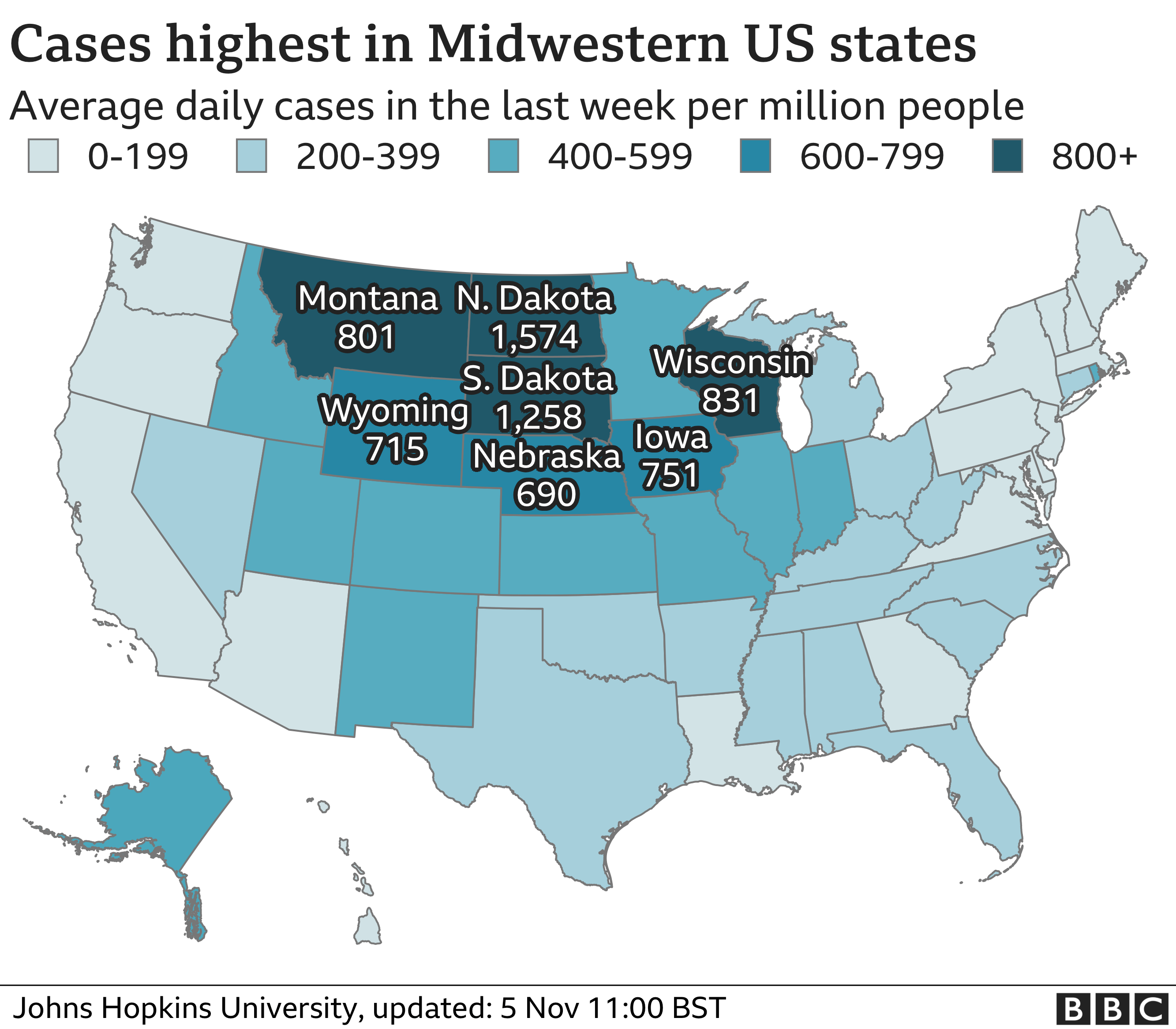 Карта США показывает ежедневно подтвержденные случаи заболевания по штатам