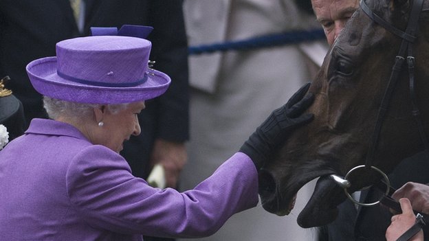 A rainha Elizabeth 2ª acaricia o cavalo Estimate