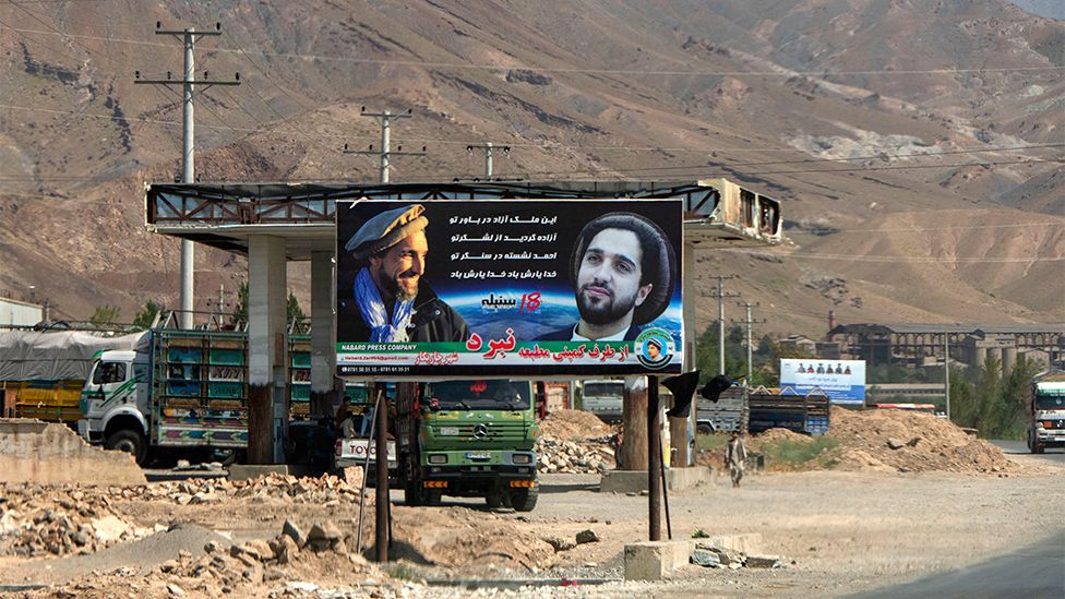 Banner showing Ahmad Massoud and his father with a slogan "You dream of a free country, free thanks to your army, Ahmad is by your side, may God protect you", Panjshir Valley, Afghanistan, September 2019