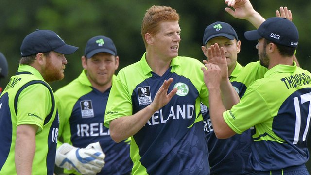 Kevin O'Brien is congratulated after taking a wicket