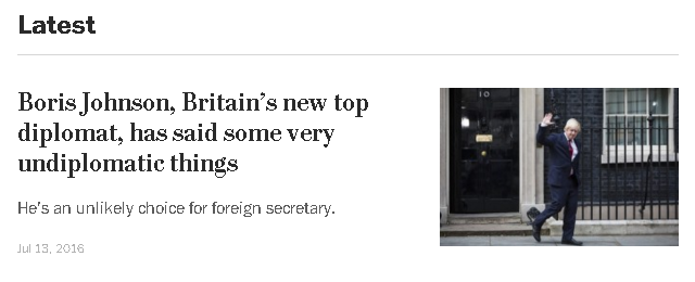Снимок экрана гласит: Борис Джонсон, новый высокопоставленный дипломат Великобритании, сказал очень недипломатичные вещи