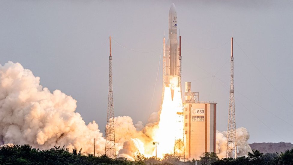 Ariane 5 rocket with NASAs James Webb Space Telescope onboard taking off on Christmas Day 2021 from the Guiana Space Center in Kourou, French Guiana.