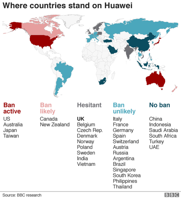 Карта позиций стран в отношении Huawei