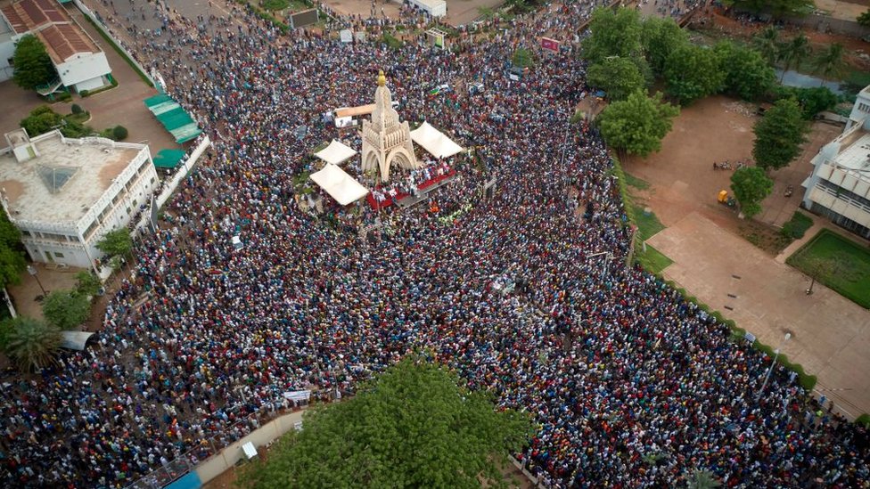 An aerial view of a mass gathering of Malians at Independence Square in Bamako -5 June 2020