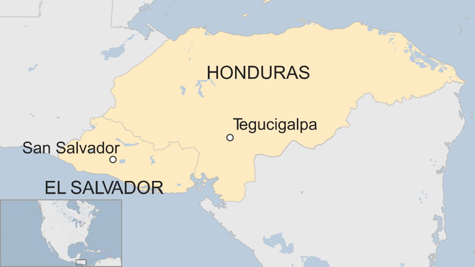 A map showing El Salvador, Honduras and their respective capital cities