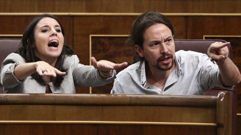 Pablo Iglesias, líder de Podemos, e Irene Montero, portavoz parlamentaria, en una reciente sesión en el Congreso de los Diputados Los líderes de Podemos.
