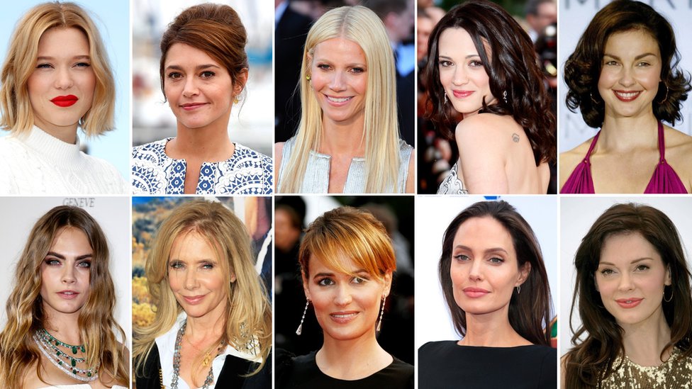 Actrices que han acusado públicamente a Weinstein. Lea Seydoux, Emma de Caunes, Gwyneth Paltrow, Asia Argento, Ashley Judd (arriba) Cara Delevingne, Rosanna Arquette, Judith Godreche, Angelina Jolie y Rose McGowan (abajo). Actrices que han acusado públicamente a Weinstein. Lea Seydoux, Emma de Caunes, Gwyneth Paltrow, Asia Argento, Ashley Judd (arriba) Cara Delevingne, Rosanna Arquette, Judith Godreche, Angelina Jolie y Rose McGowan (abajo).