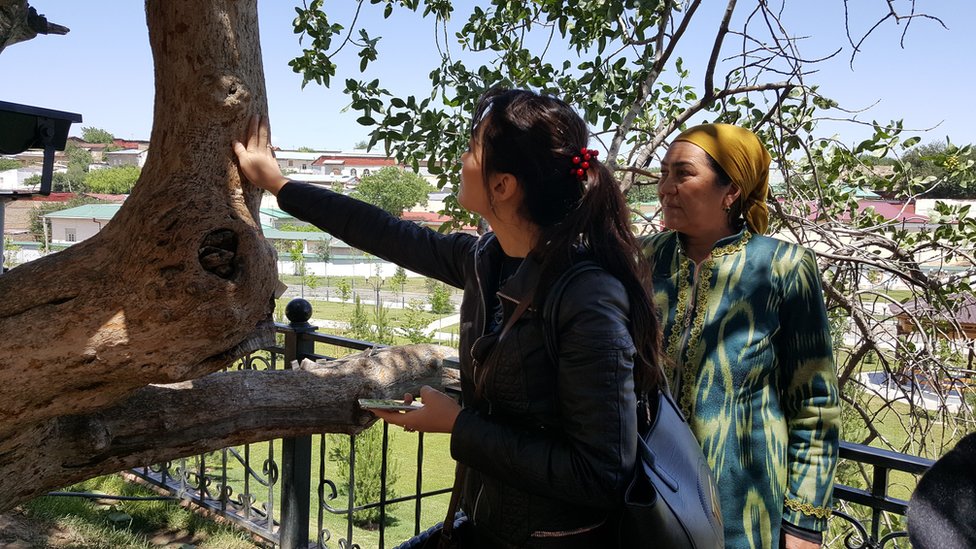 El peregrinaje concluye con los visitantes tocando el centenario árbol de pistacho afuera del santuario, y pidiendo un deseo.