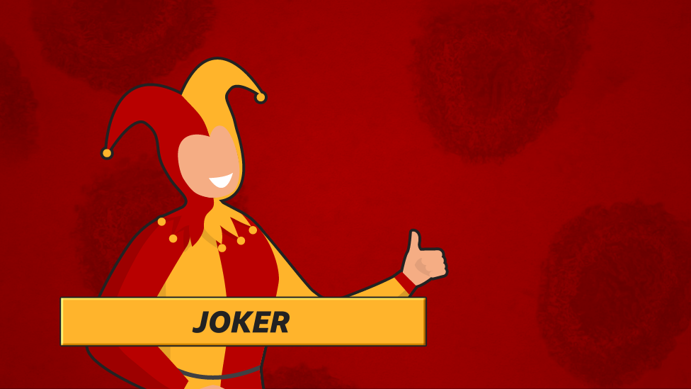 "Joker": Jester in red and yellow on red background