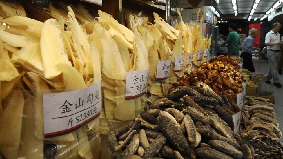 Shark fins are displayed for sale in Hong Kong's Shueng Wan district