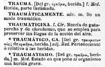 Definición de trauma en el diccionario de 1895 del Nuevo tesoro lexicográfico de la lengua española (NTLLE)
