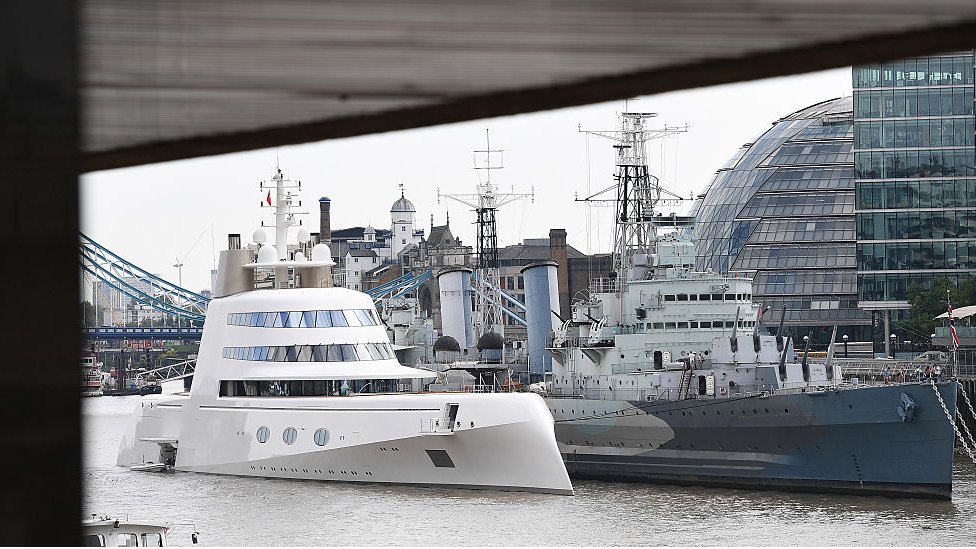 "Motor Yacht A," pictured on the Thames in London in 2017