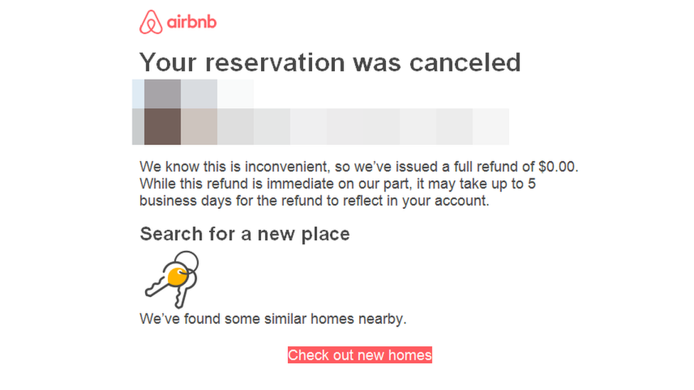 Снимок экрана электронного письма AirBnB сообщает пользователю, что бронирование было отменено, с выделенной ссылкой «проверить новые дома»