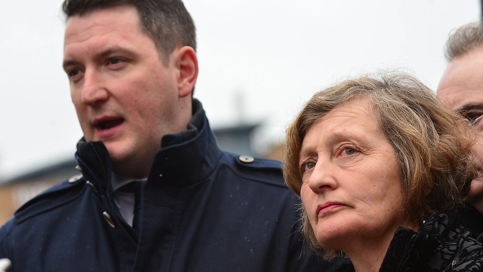 Geraldine Finucane leaving an earlier court hearing with her son John who is now an MP