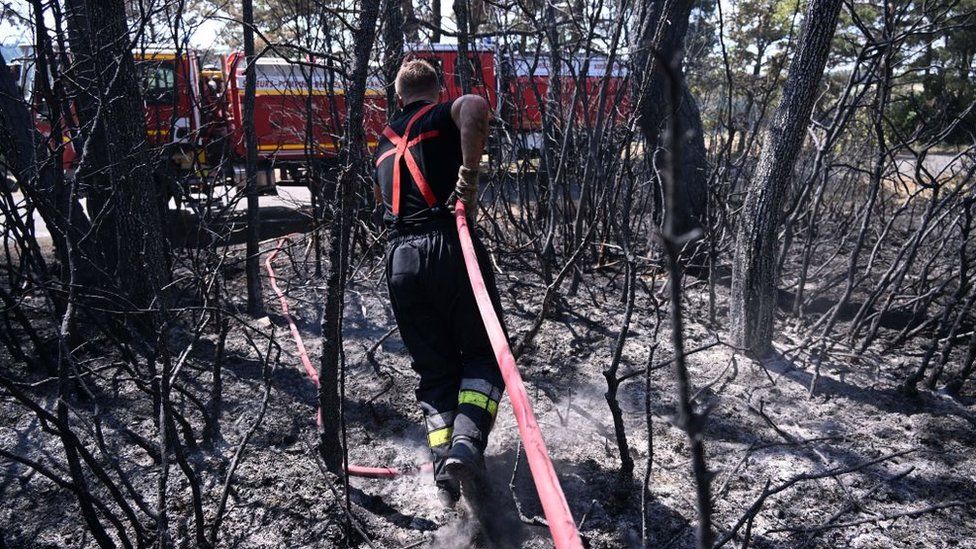 Firefighters battle the aftermath of a wildfire in France