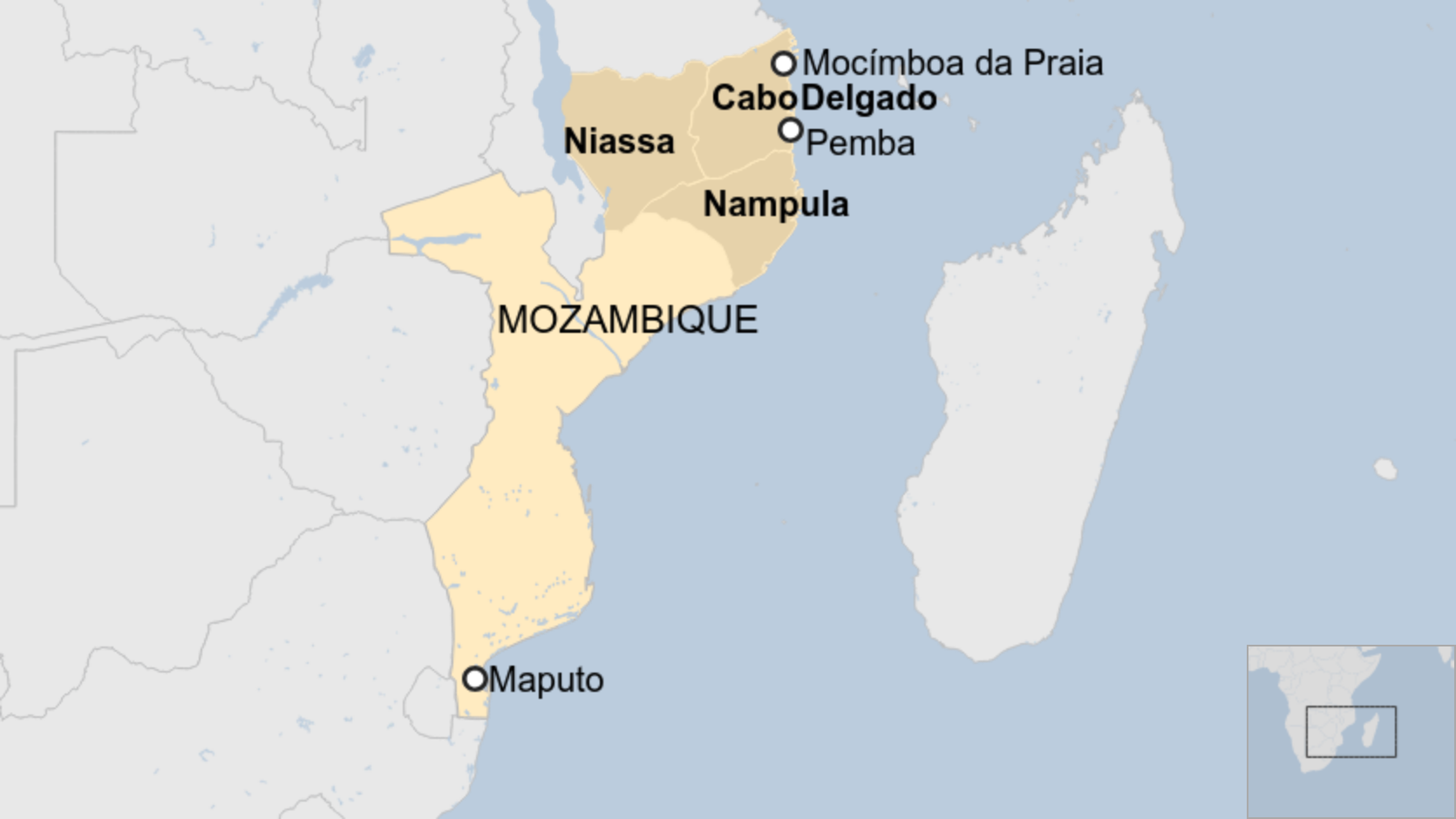 Mapa de Mozambique con provincias del norte