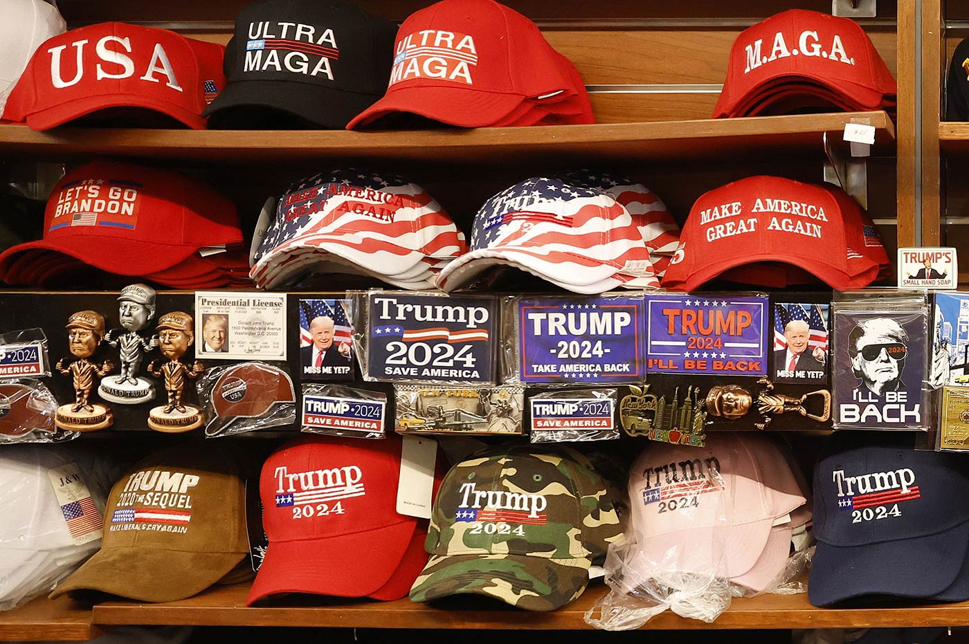 Make America Great Again items for sale in a store at Trump Tower on 3 April 2023
