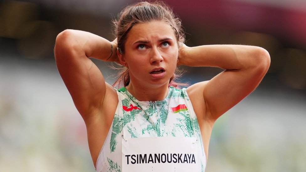 白俄羅斯短跑選手克里斯蒂娜･齊馬努斯卡婭在東京奧運女子100米短跑第一輪初賽上（30/7/2021）
