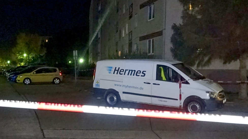 The van of a courier driver who was found dead inside in Haldensleben near Magdeburg, Germany, 15 October 2019