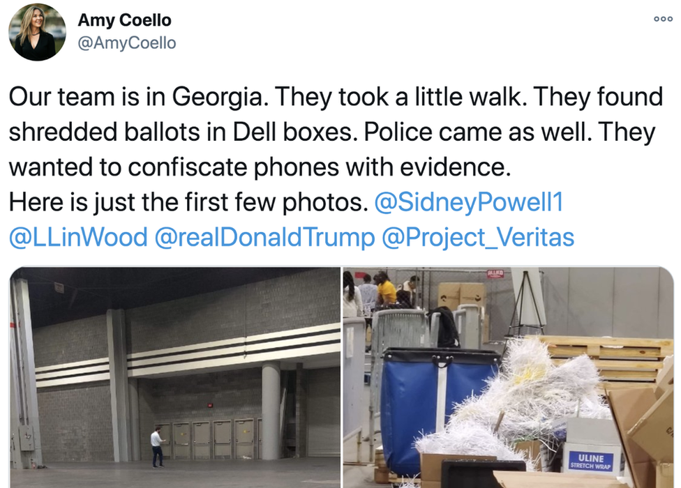 В Твиттере говорится: Наша команда находится в Грузии. Они немного погуляли. В ящиках Dell нашли измельченные бюллетени. Приехала и полиция. Они хотели изъять телефоны с уликами. На фото изображены измельченные бумаги внутри склада