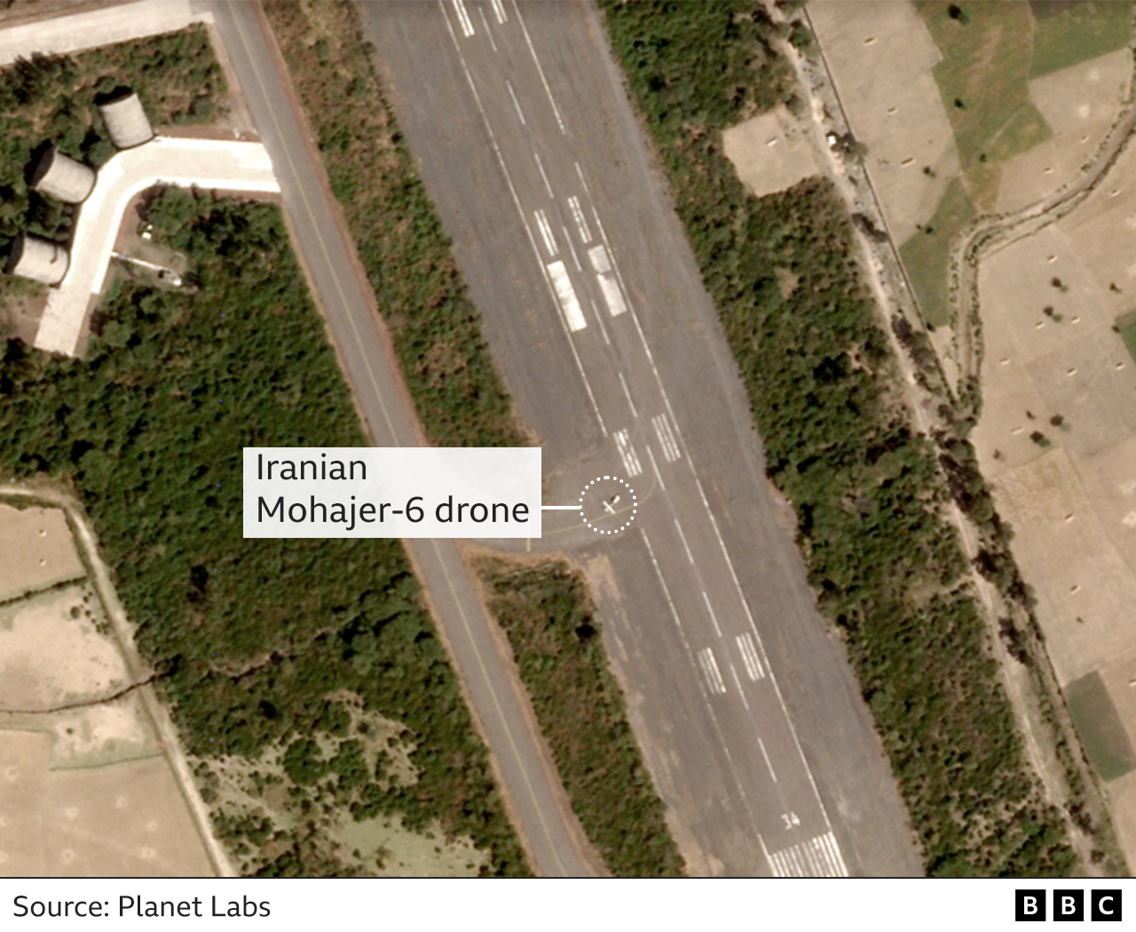 Satellite image showing an Iranian drone at Harar Meda airport