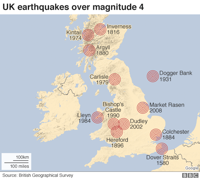 Карта, показывающая землетрясения в Великобритании