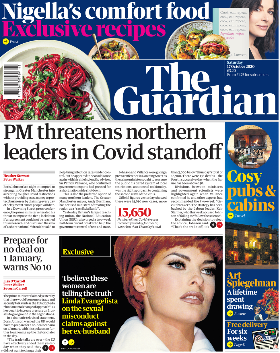 Первая страница The Guardian 17 октября 2020 г.