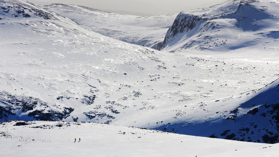 Esquiadores de travesía en la meseta de Cairngorm en invierno profundo, Escocia, Reino Unido.