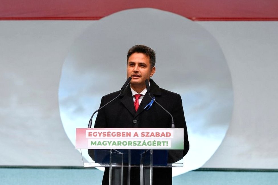 Opposition candidate for Prime Minister Peter Marki-Zay speaks during a joint demonstration organised by opposition parties during the celebrations of the 65th anniversary of the Hungarian Uprising of 1956, in Budapest, Hungary, in October 2021
