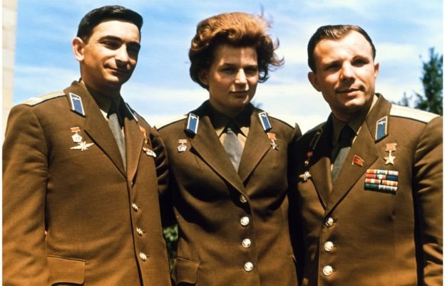 Bykovsky junto a Valentina Tereshkova y Yuri Gagarin