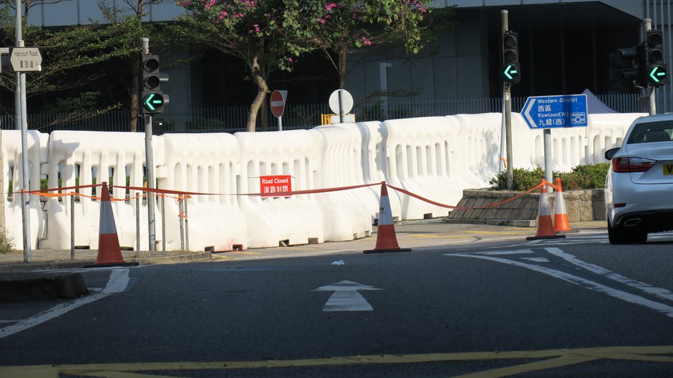 從紅棉路口眺望香港政府總部西翼外之水馬陣（3/1/2020）