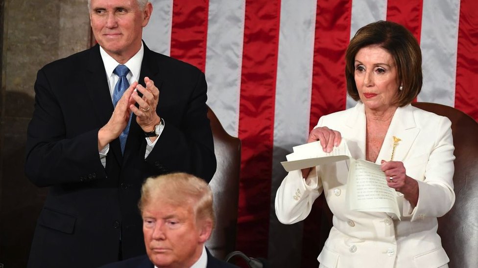 Speaker of the US House of Representatives Nancy Pelosi rips a copy of US President Donald Trumps speech after he delivered the State of the Union address at the US Capitol in Washington, DC, on February 4, 2020.