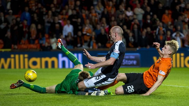 James McPake scores for Dundee against Dundee United