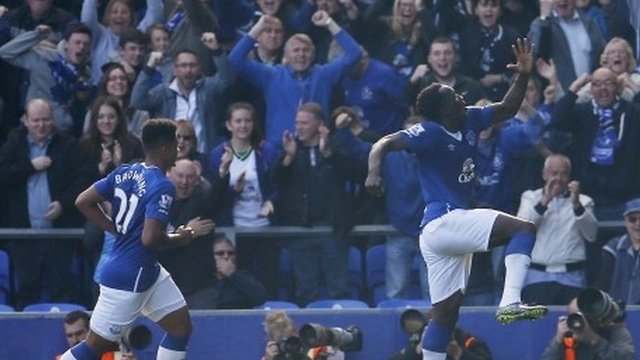 Everton fans celebrate Romelu Lukaku's goal against Liverpool at Goodison Park